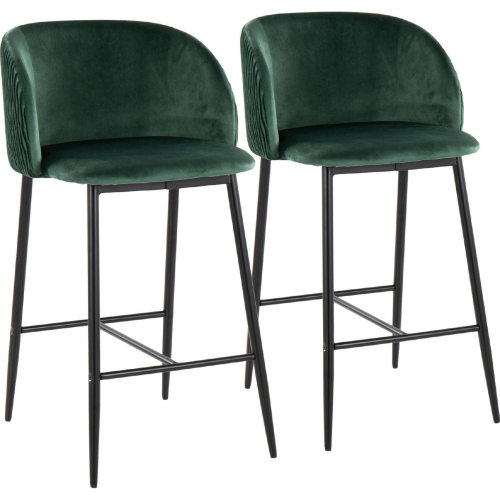 Fran Pleated Waves Counter Stool in Black Metal & Green Velvet (Set of 2)